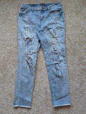 AZI New York Womens Blue Paint Splatter Distressed Slim Straight Jeans Size 4